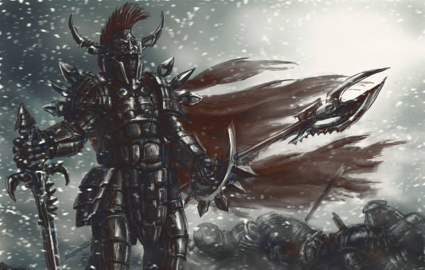 the cruel warrior of antiquity in black armor won the battle. genre of fantasy.